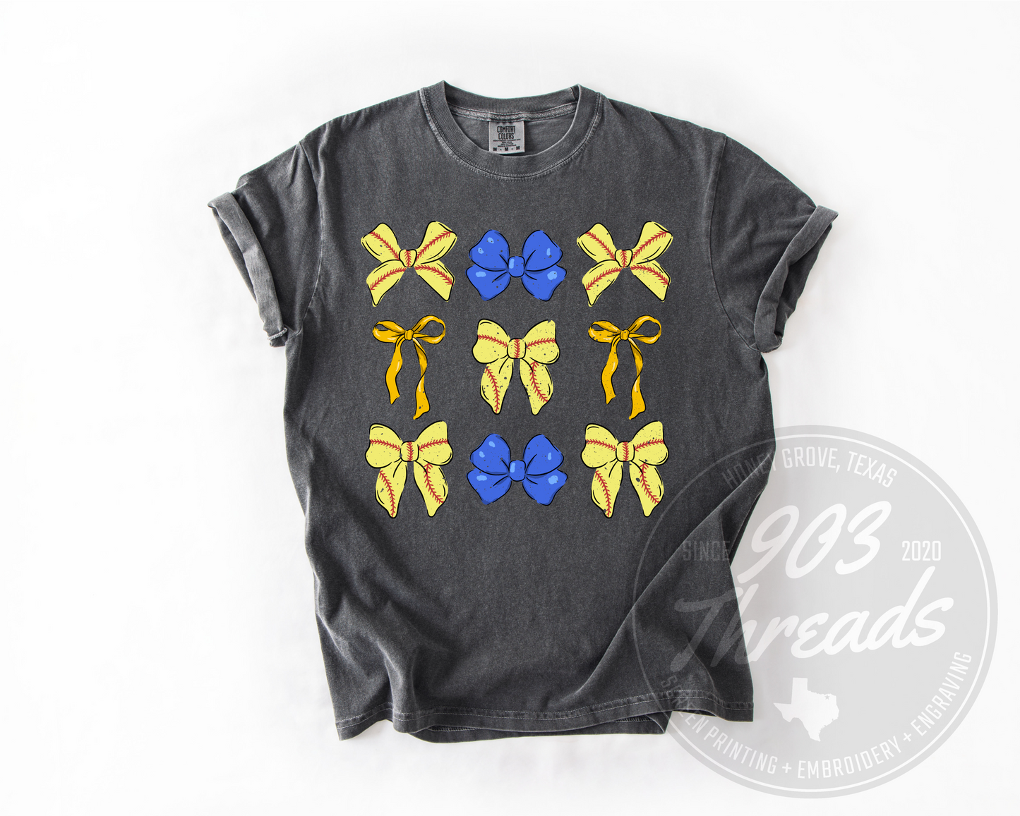 Bases & Bows Softball Blue & Gold