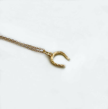 Lucky Horseshoe. Gold. Dainty layering charm necklace. Vial