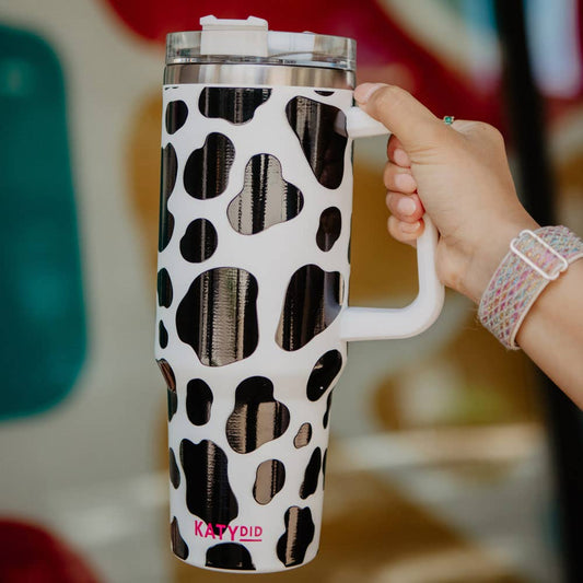 Black/White Cow Print Tumbler Cup with Handle