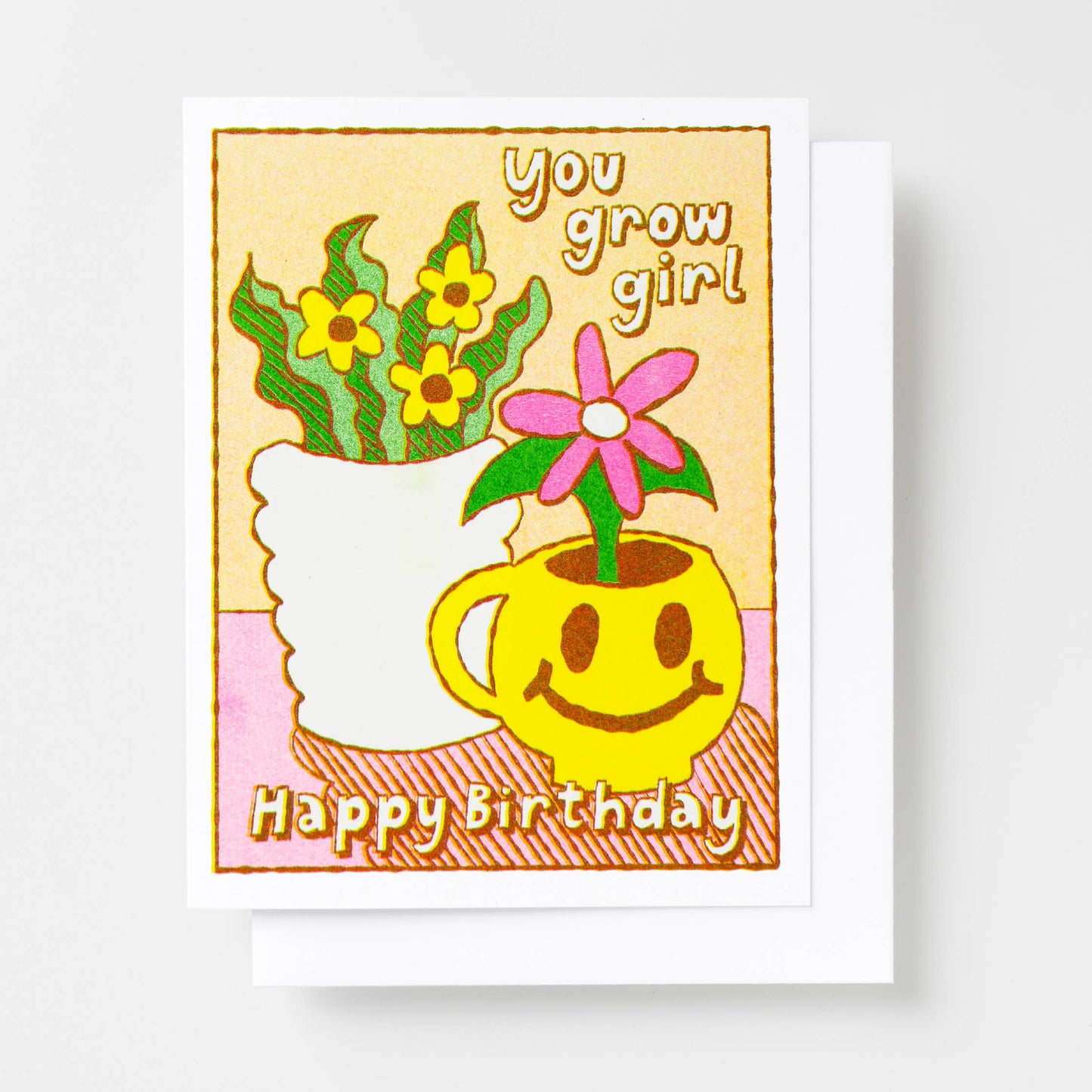 You Grow Girl - Smiley Face Plant Birthday Risograph Card