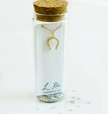 Lucky Horseshoe. Gold. Dainty layering charm necklace. Vial